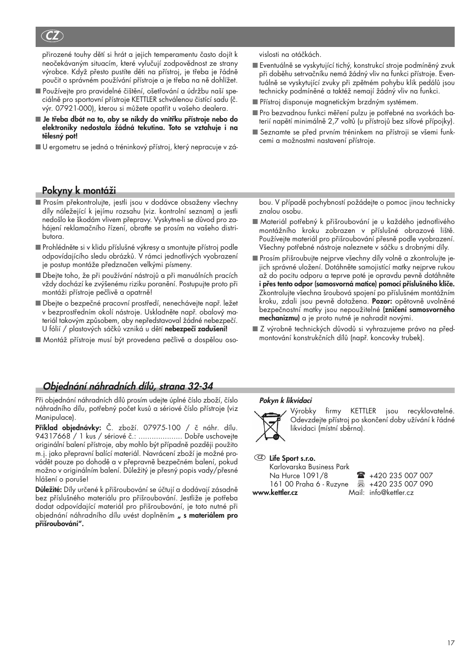 Pokyny k montáži, Objednání náhradních dílů, strana 32-34 | Kettler 07975-100 User Manual | Page 17 / 36