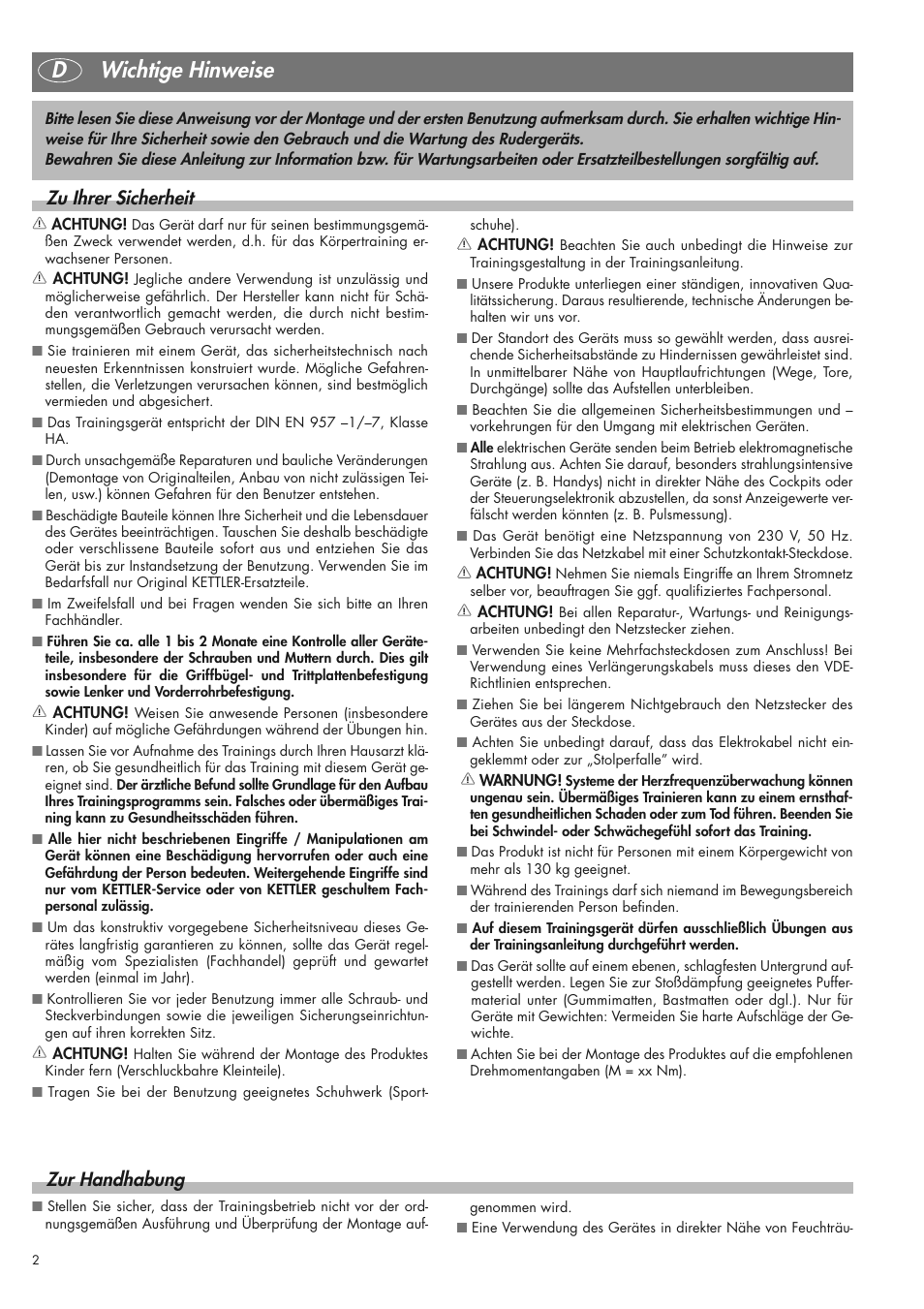 Dwichtige hinweise, Zu ihrer sicherheit, Zur handhabung | Kettler 07975-100 User Manual | Page 2 / 36