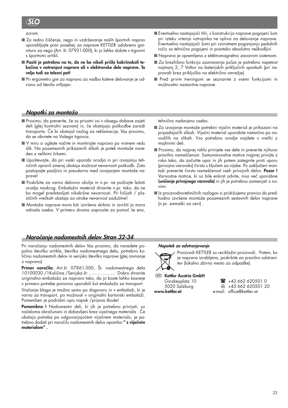Napotki za montažo, Naročanje nadomestnih delov stran 32-34 | Kettler 07975-100 User Manual | Page 23 / 36