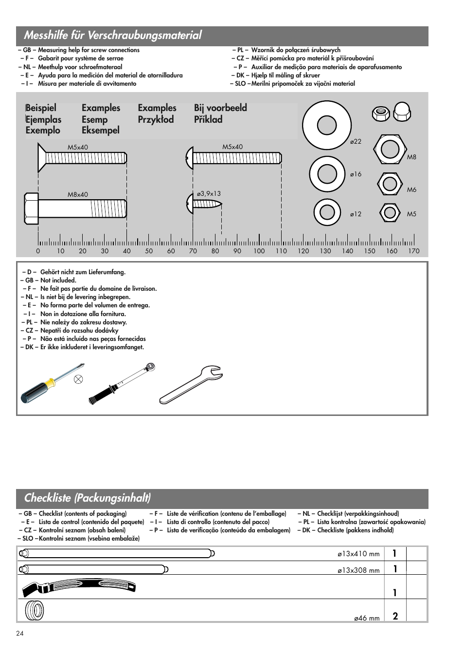 Messhilfe für verschraubungsmaterial, Checkliste (packungsinhalt) | Kettler 07975-100 User Manual | Page 24 / 36
