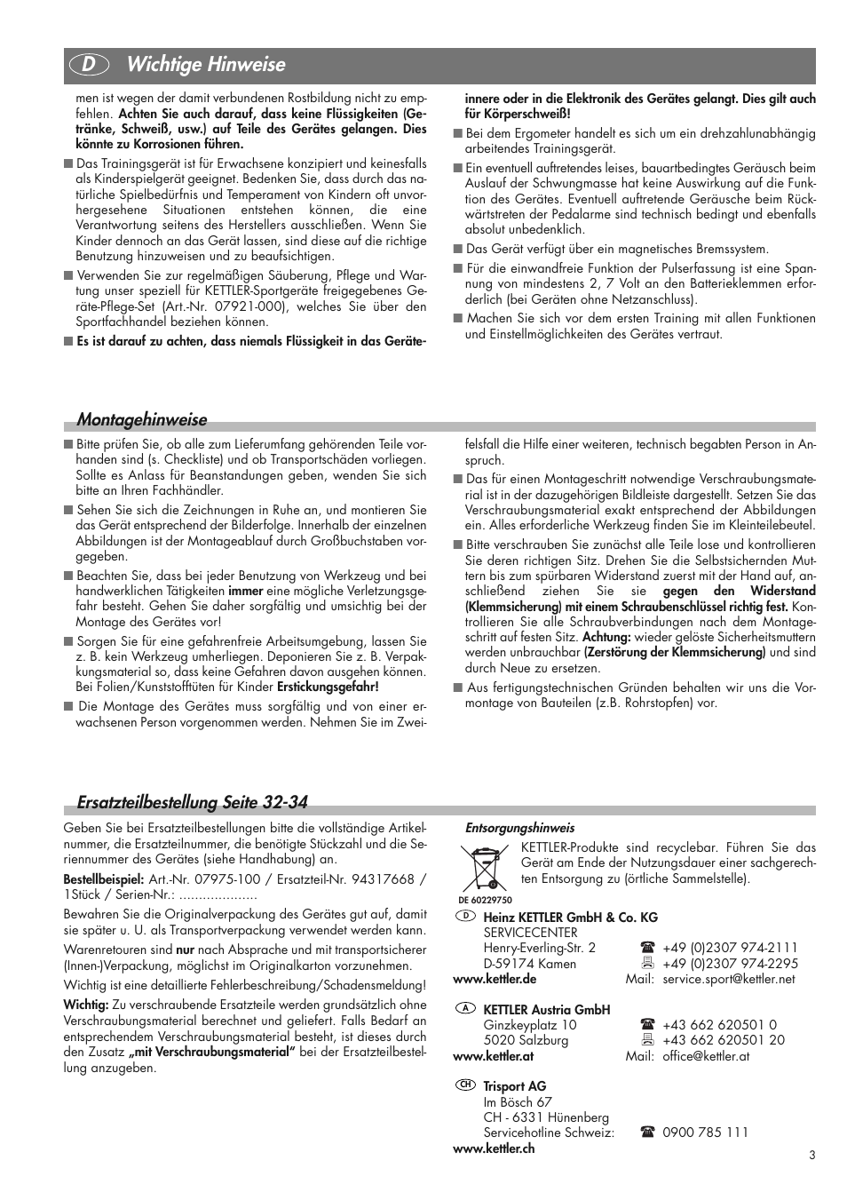 Dwichtige hinweise, Montagehinweise, Ersatzteilbestellung seite 32-34 | Kettler 07975-100 User Manual | Page 3 / 36
