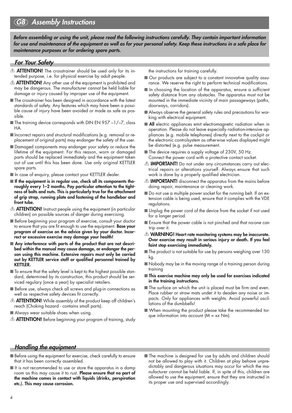 Gb assembly instructions, Handling the equipment, For your safety | Kettler 07975-100 User Manual | Page 4 / 36