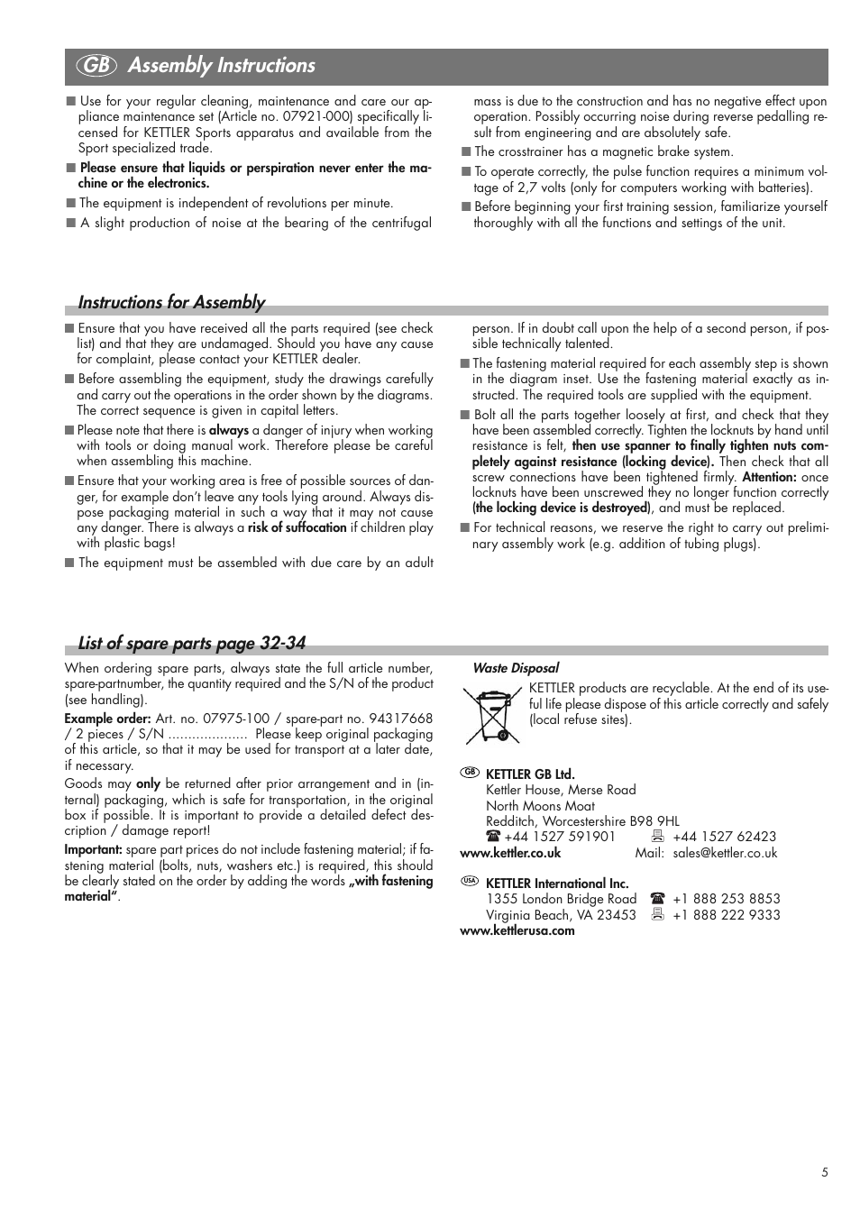 Gb assembly instructions, Instructions for assembly, List of spare parts page 32-34 | Kettler 07975-100 User Manual | Page 5 / 36
