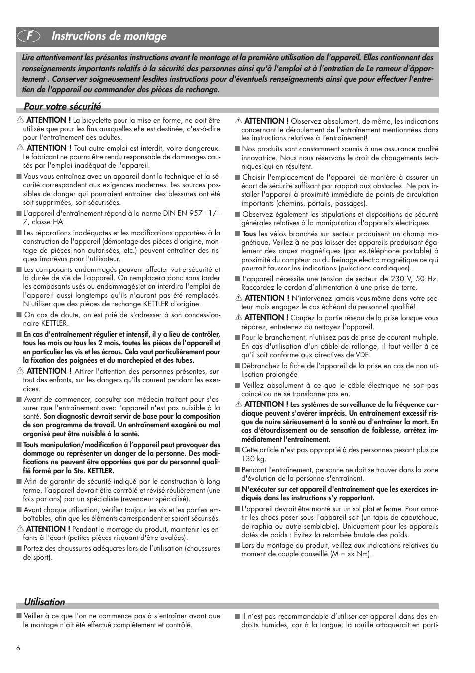 Finstructions de montage, Pour votre sécurité, Utilisation | Kettler 07975-100 User Manual | Page 6 / 36