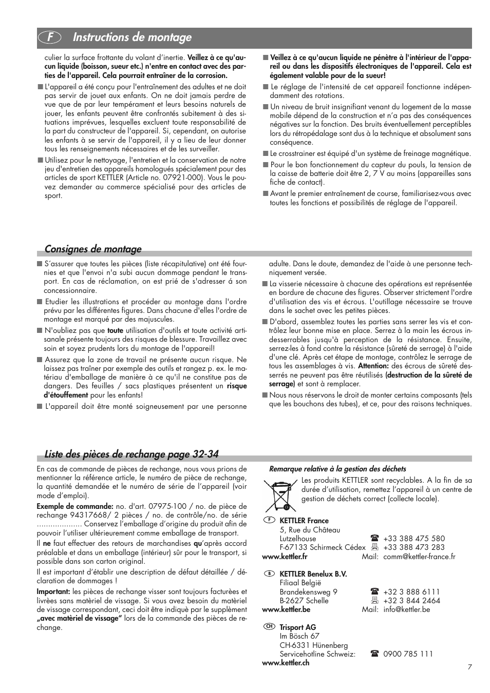 Finstructions de montage, Consignes de montage, Liste des pièces de rechange page 32-34 | Kettler 07975-100 User Manual | Page 7 / 36
