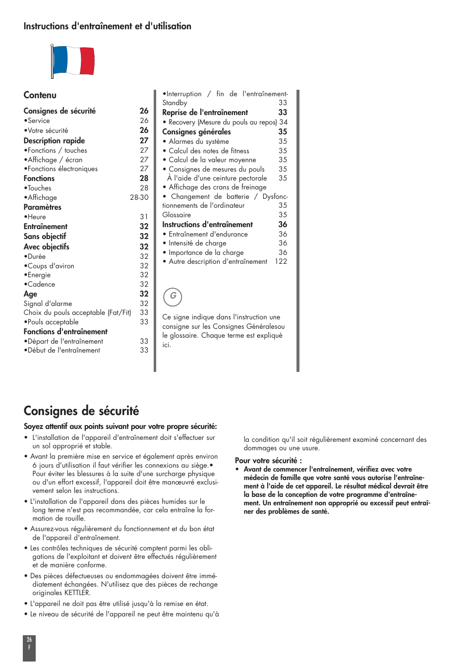 Consignes de sécurité, Instructions d'entraînement et d'utilisation, Contenu | Kettler COACH M ST2520-64 User Manual | Page 26 / 144