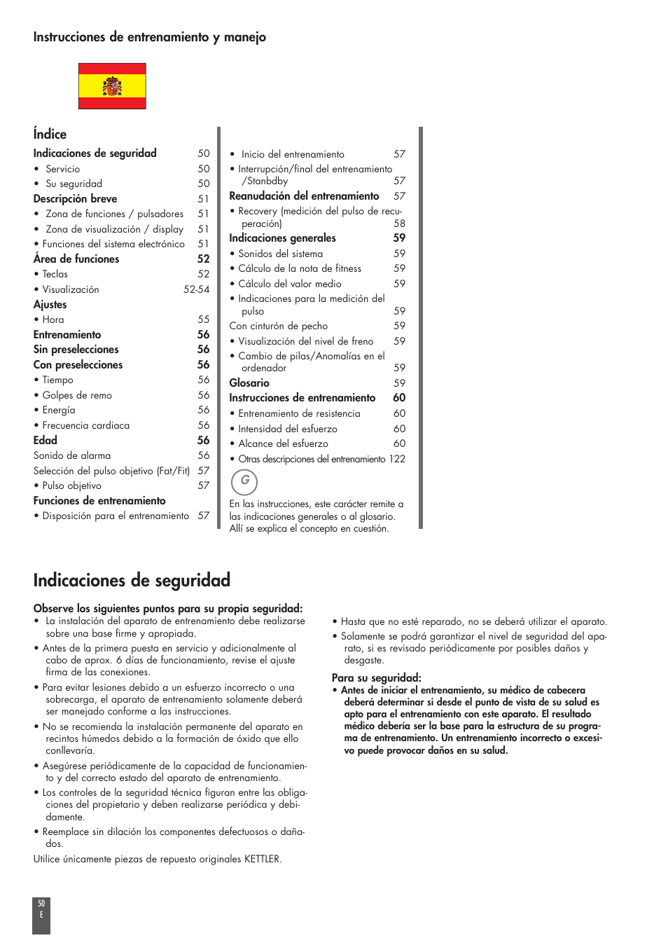 Indicaciones de seguridad, Instrucciones de entrenamiento y manejo, Índice | Kettler COACH M ST2520-64 User Manual | Page 50 / 144