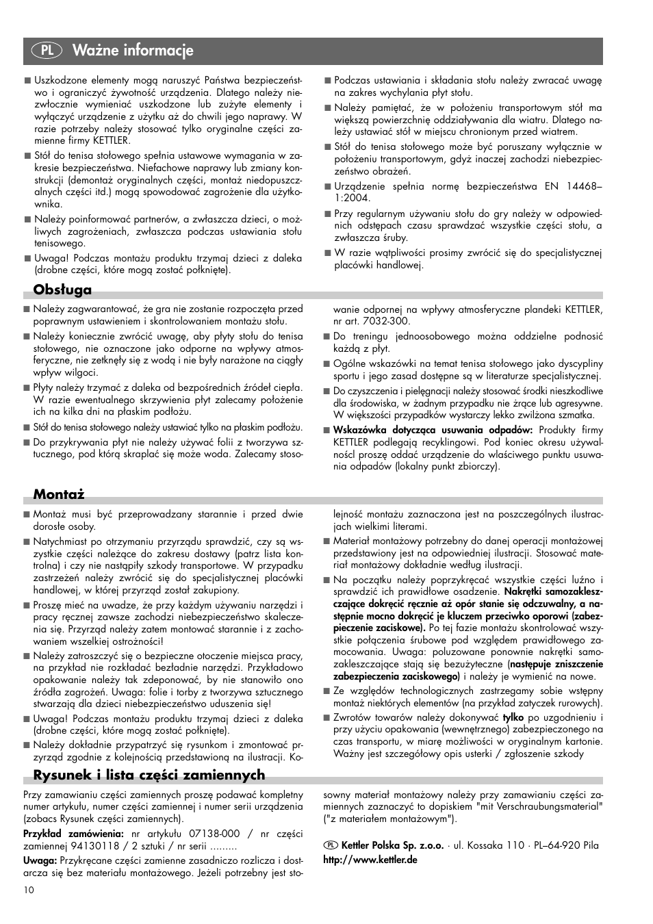 Ważne informacje, Pl montaż, Obsługa | Rysunek i lista części zamiennych | Kettler 07138-000 User Manual | Page 10 / 24