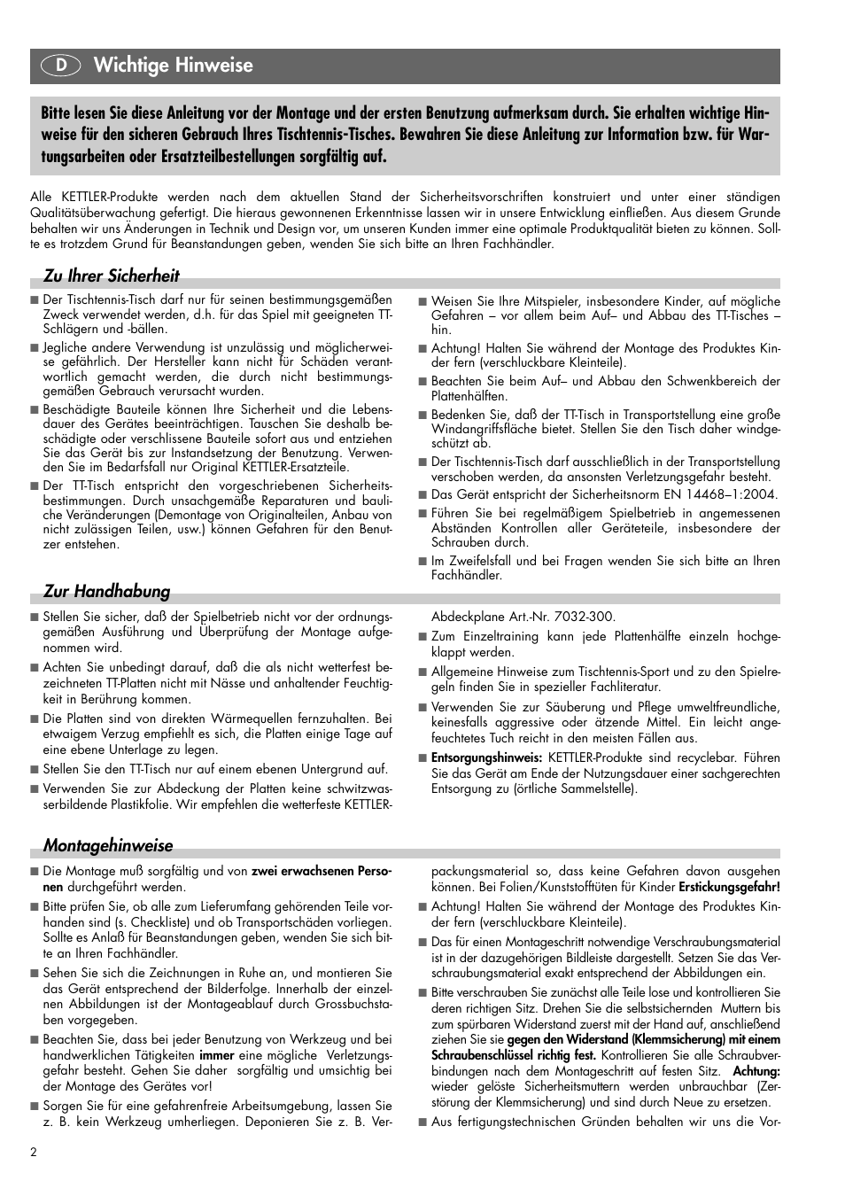 Wichtige hinweise, Dzu ihrer sicherheit, Zur handhabung | Montagehinweise | Kettler 07138-000 User Manual | Page 2 / 24