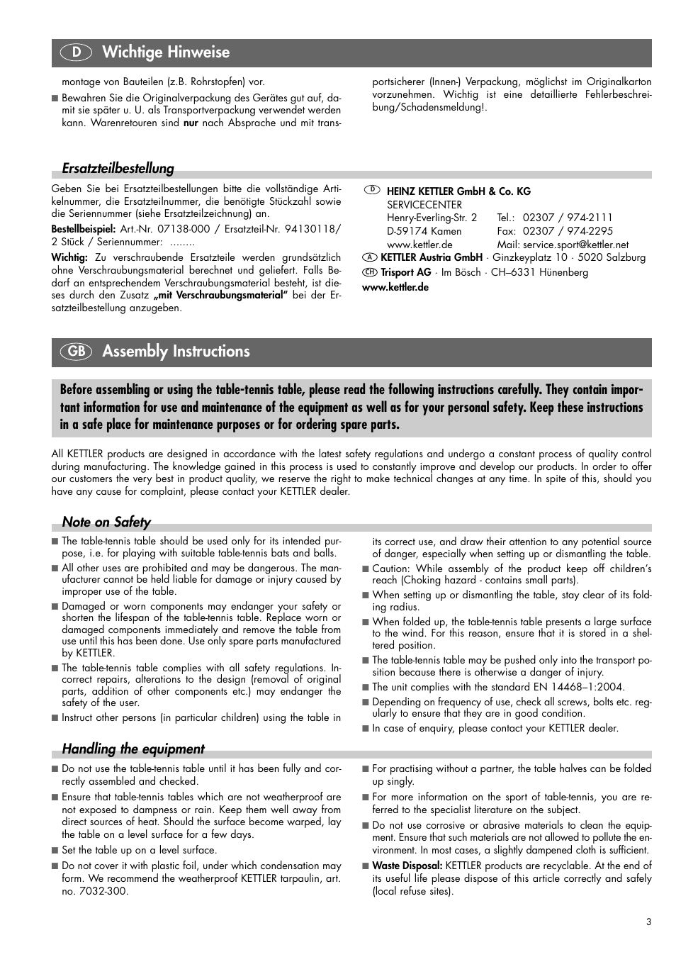 Assembly instructions, Wichtige hinweise, Handling the equipment | Ersatzteilbestellung | Kettler 07138-000 User Manual | Page 3 / 24