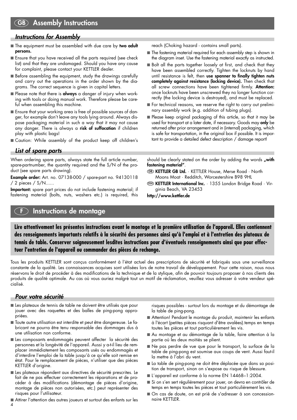 Instructions de montage, Assembly instructions, Fpour votre sécurité | Gb instructions for assembly, List of spare parts | Kettler 07138-000 User Manual | Page 4 / 24