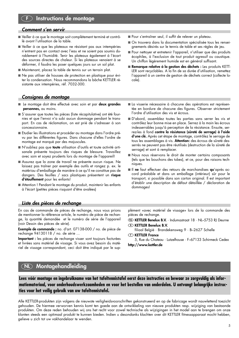 Instructions de montage, Montagehandleiding, Fcomment s’en servir | Consignes de montage, Liste des pièces de rechange | Kettler 07138-000 User Manual | Page 5 / 24