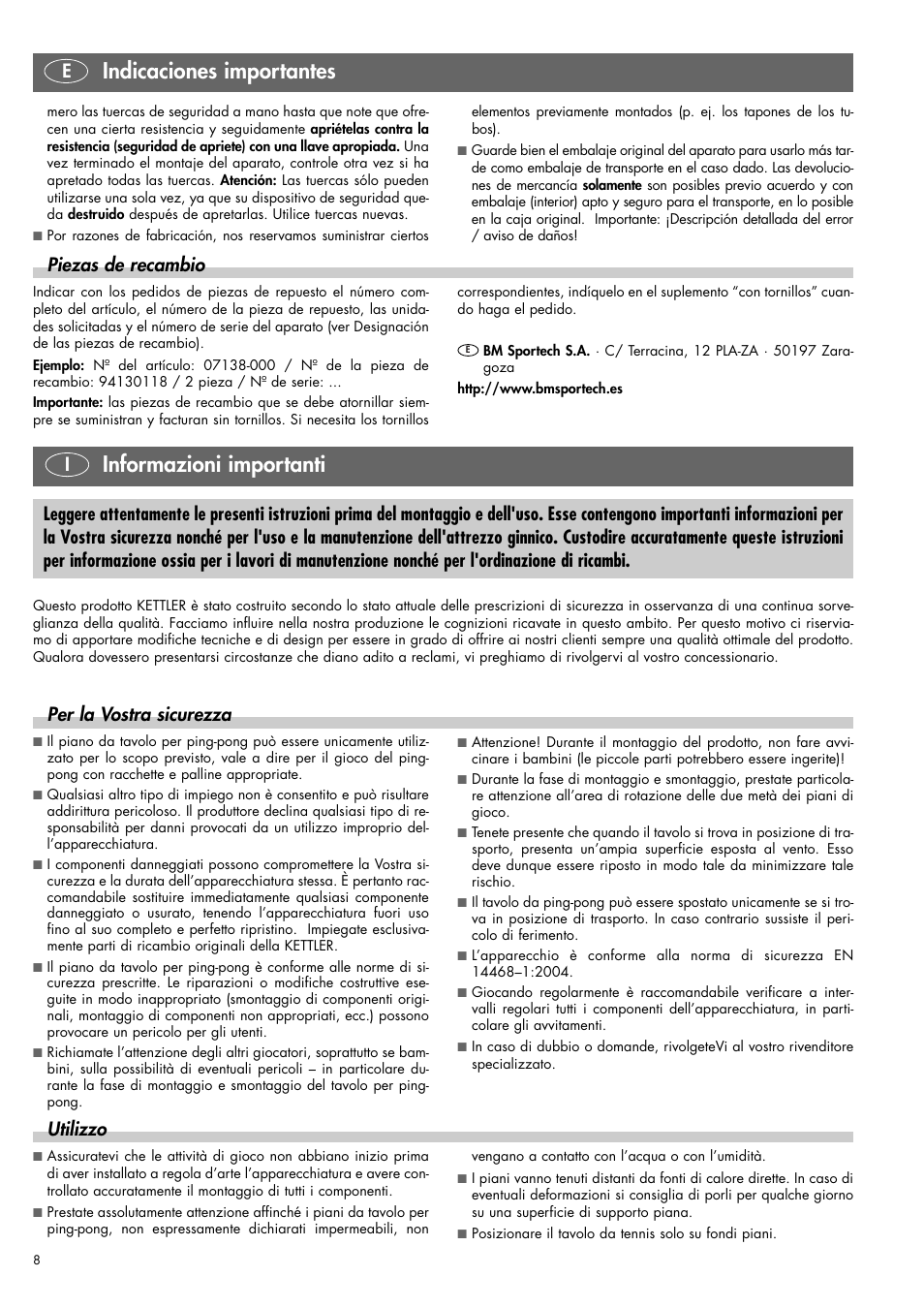 Indicaciones importantes, Informazioni importanti, Per la vostra sicurezza | Utilizzo, Piezas de recambio | Kettler 07138-000 User Manual | Page 8 / 24