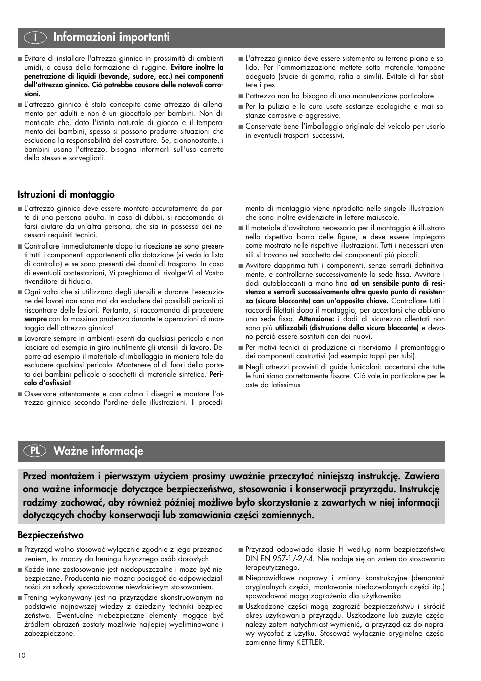 Ważne informacje, Informazioni importanti, Bezpieczeństwo | Istruzioni di montaggio | Kettler 07820-400 User Manual | Page 10 / 40