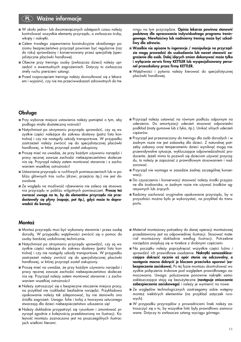 Ważne informacje, Pl obsługa, Montaż | Kettler 07820-400 User Manual | Page 11 / 40