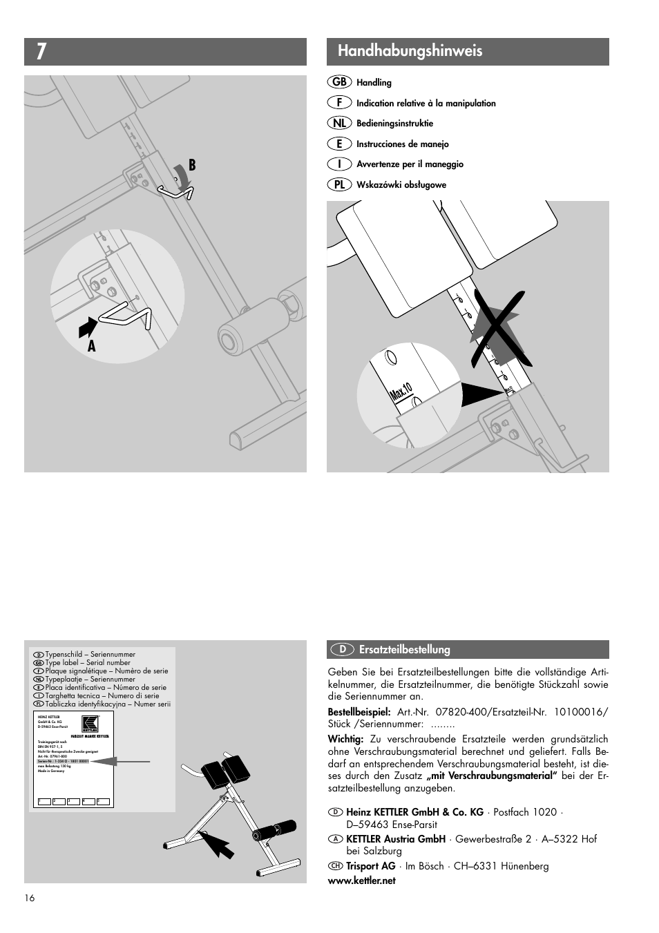 Ba handhabungshinweis | Kettler 07820-400 User Manual | Page 16 / 40