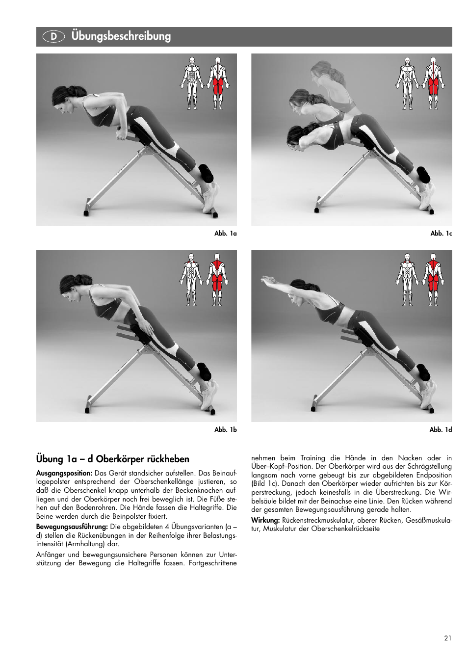 Übungsbeschreibung, Dübung 1a – d oberkörper rückheben | Kettler 07820-400 User Manual | Page 21 / 40