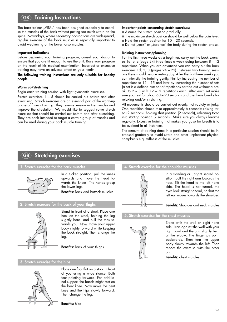Stretching exercises, Training instructions | Kettler 07820-400 User Manual | Page 23 / 40