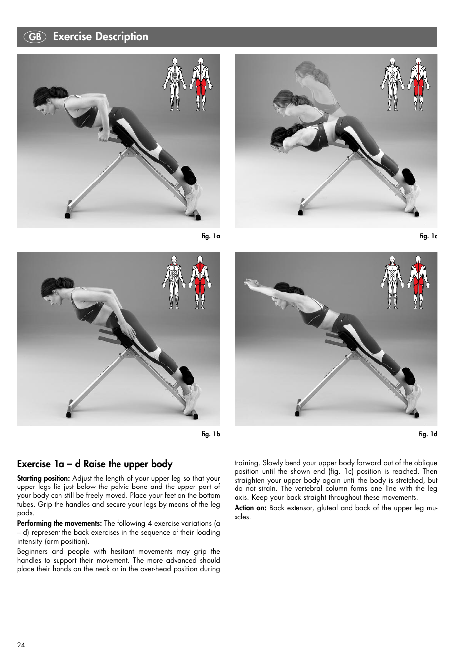 Exercise description, Exercise 1a – d raise the upper body | Kettler 07820-400 User Manual | Page 24 / 40