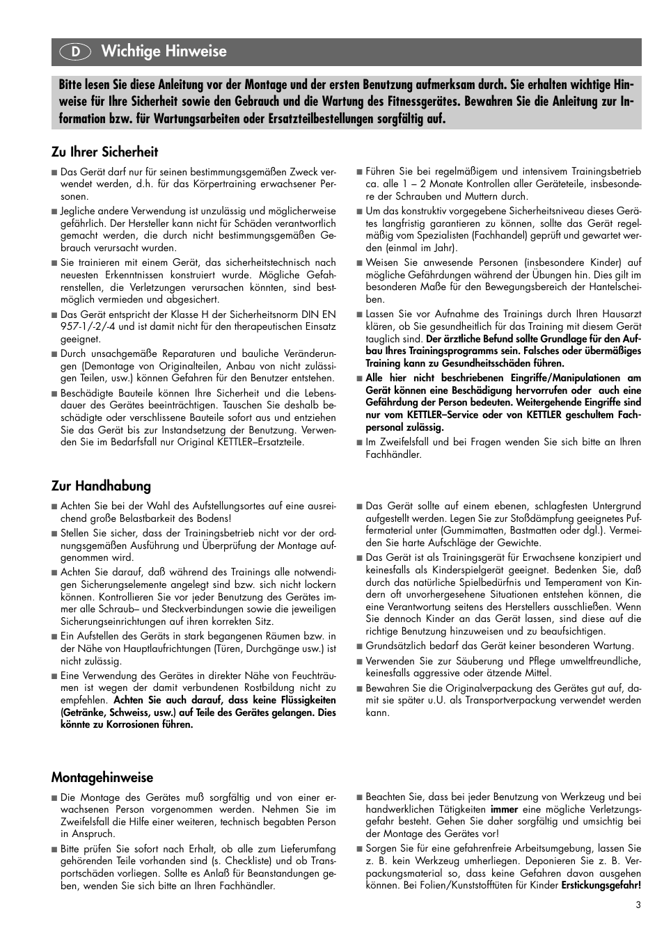 Wichtige hinweise, Zu ihrer sicherheit, Montagehinweise | Kettler 07820-400 User Manual | Page 3 / 40