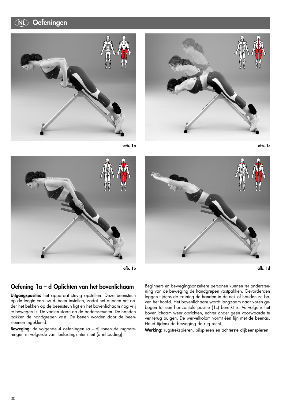 Oefeningen, Oefening 1a – d oplichten van het bovenlichaam | Kettler 07820-400 User Manual | Page 30 / 40