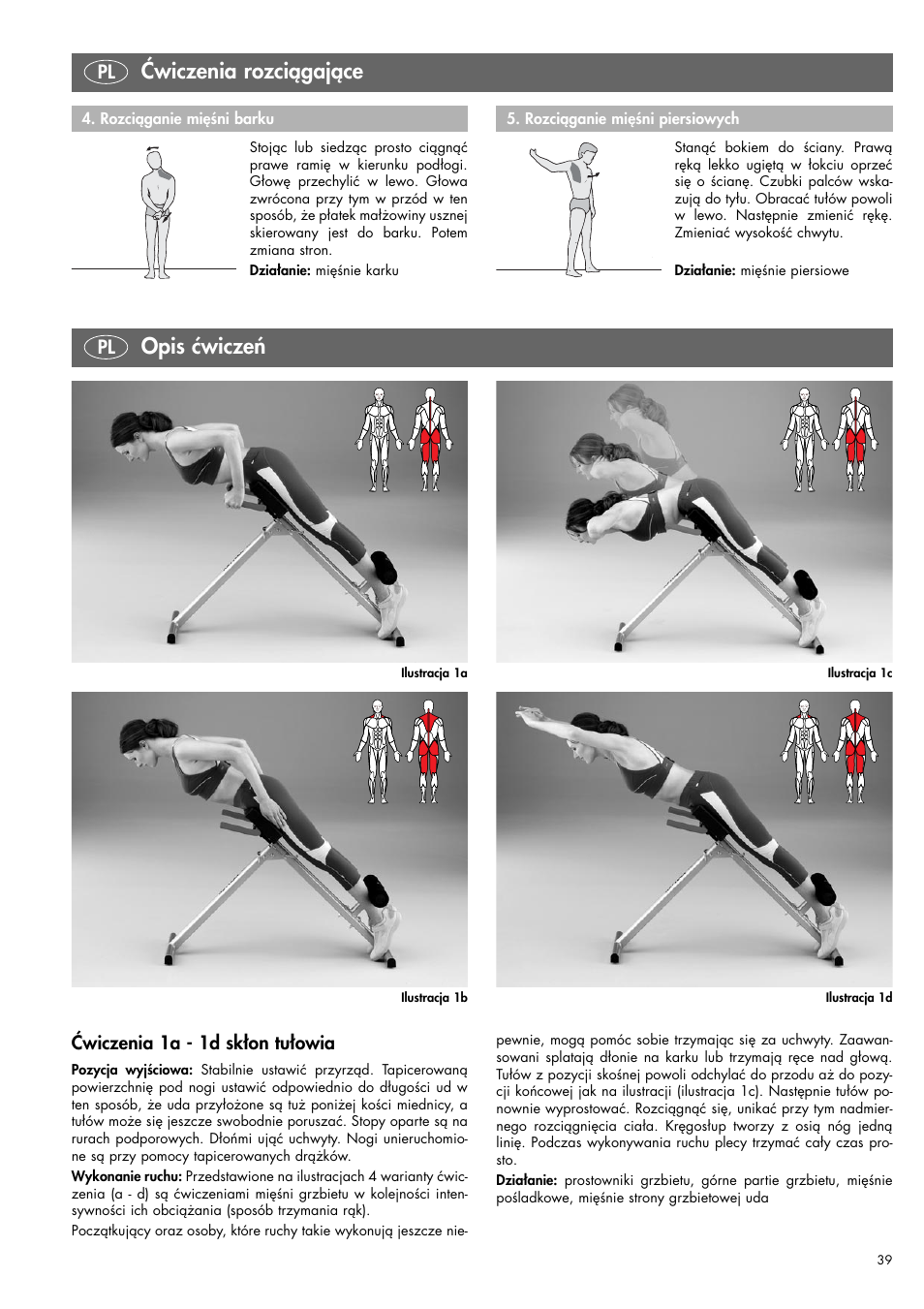 Opis ćwiczeń, Ćwiczenia rozciągające, Pl ćwiczenia 1a - 1d skłon tułowia | Kettler 07820-400 User Manual | Page 39 / 40