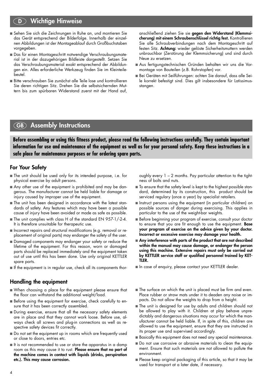 Assembly instructions, Wichtige hinweise, For your safety | Kettler 07820-400 User Manual | Page 4 / 40