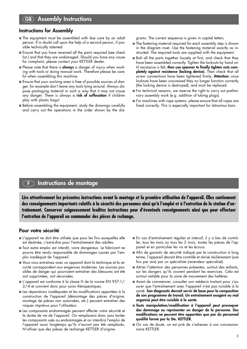 Instructions de montage, Assembly instructions, Instructions for assembly | Pour votre sécurité | Kettler 07820-400 User Manual | Page 5 / 40