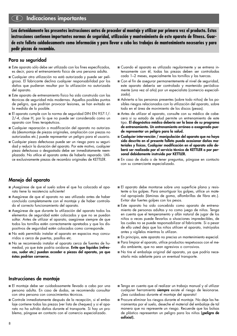 Indicaciones importantes, Para su seguridad, Instrucciones de montaje | Manejo del aparato | Kettler 07820-400 User Manual | Page 8 / 40