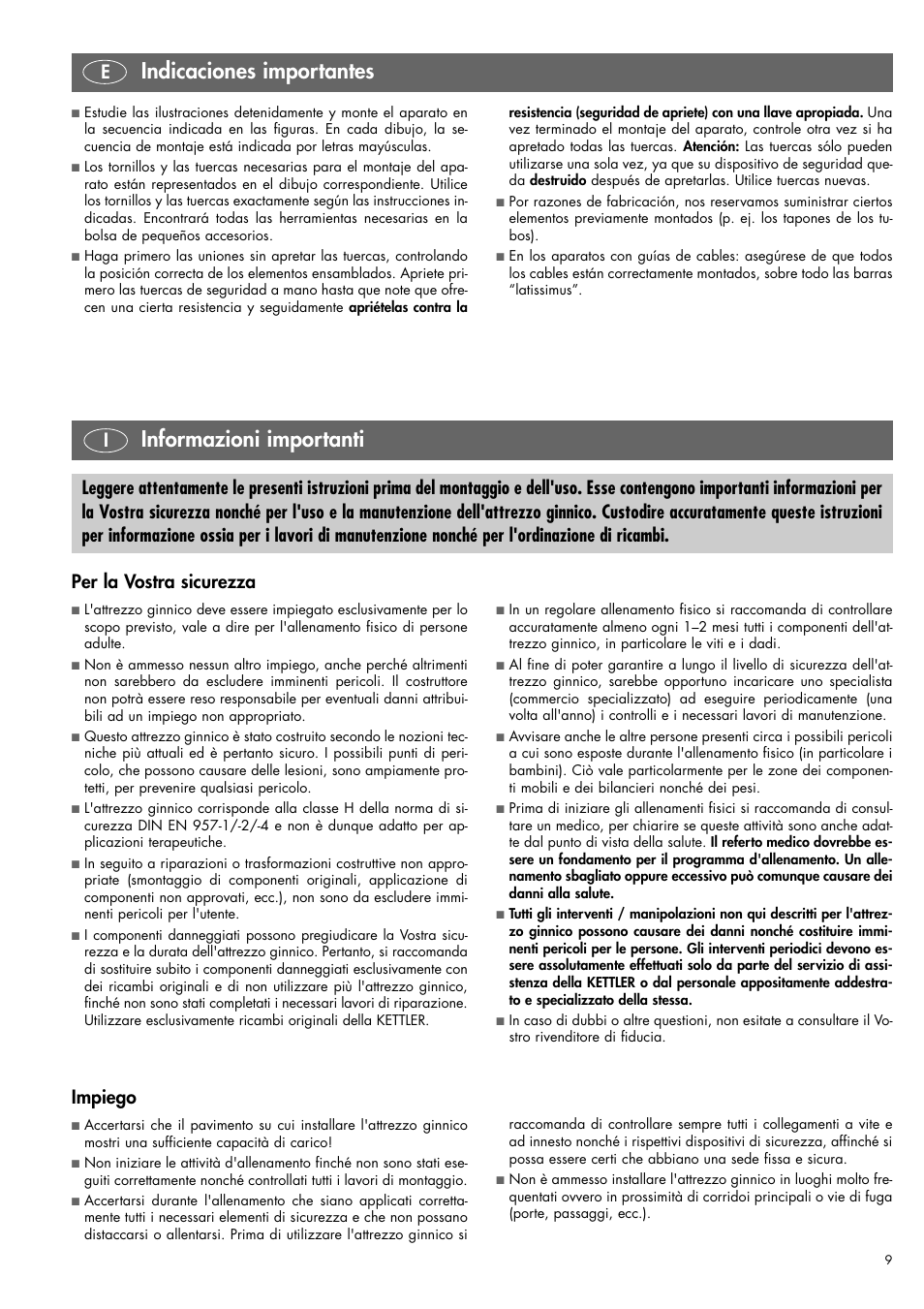 Indicaciones importantes, Informazioni importanti, Impiego | Kettler 07820-400 User Manual | Page 9 / 40