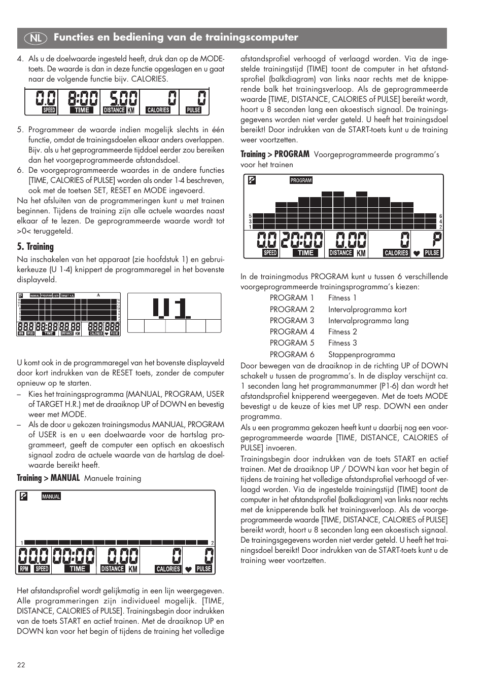 Training, Functies en bediening van de trainingscomputer nl | Kettler SM 2855 User Manual | Page 22 / 52