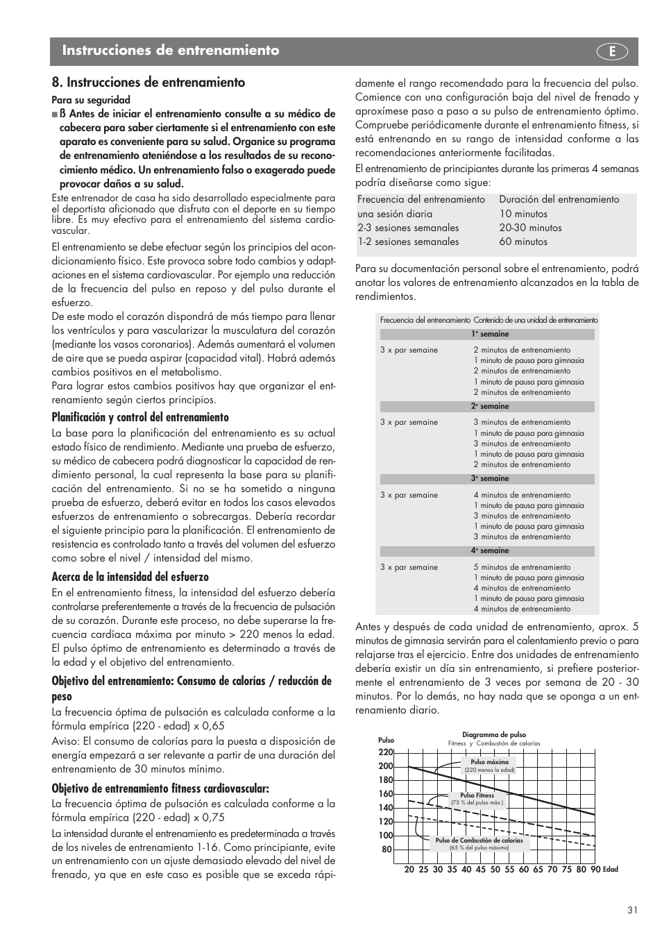 Planificación y control del entrenamiento, Acerca de la intensidad del esfuerzo, Objetivo de entrenamiento fitness cardiovascular | Kettler SM 2855 User Manual | Page 31 / 52