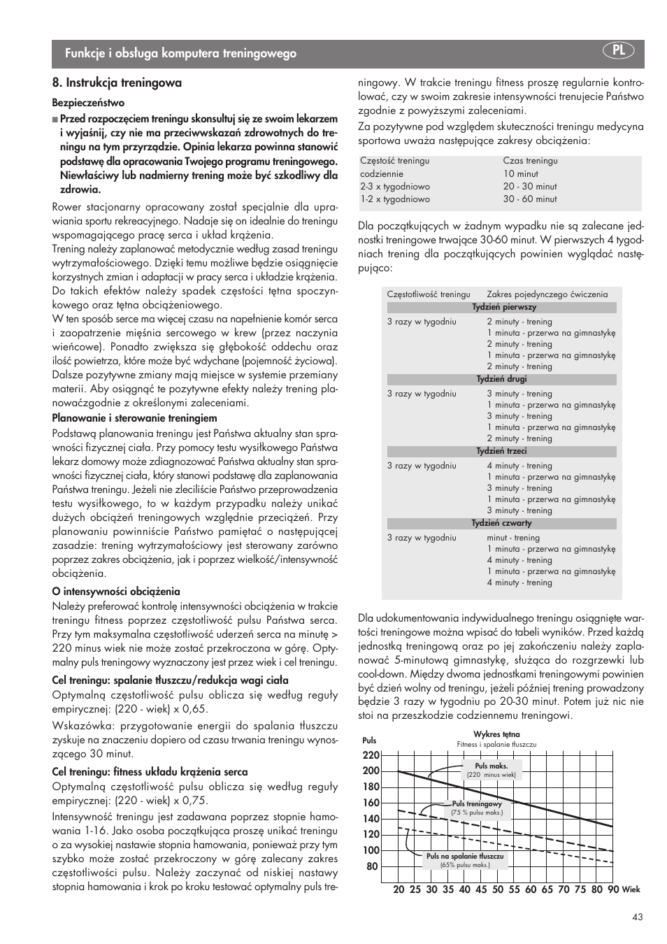 Funkcje i obsługa komputera treningowego, Instrukcja treningowa | Kettler SM 2855 User Manual | Page 43 / 52