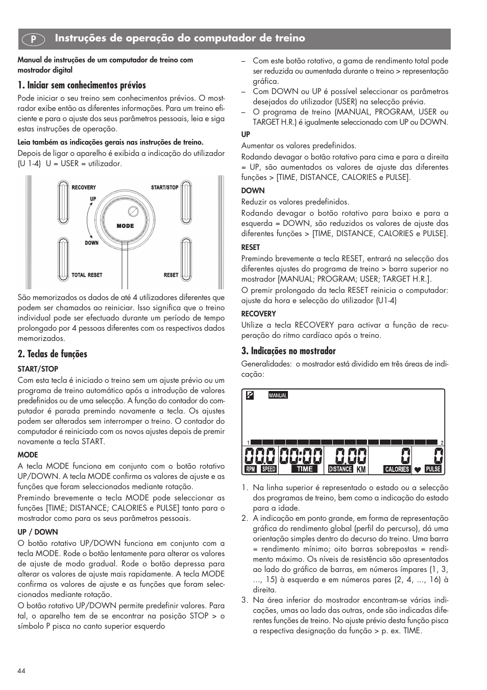 Iniciar sem conhecimentos prévios, Teclas de funções, Indicações no mostrador | Instruções de operação do computador de treino p | Kettler SM 2855 User Manual | Page 44 / 52