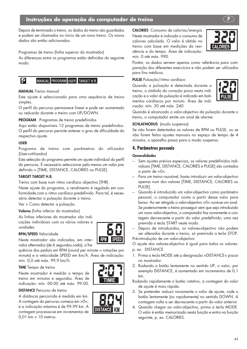 Parâmetros pessoais, Instruções de operação do computador de treino p | Kettler SM 2855 User Manual | Page 45 / 52