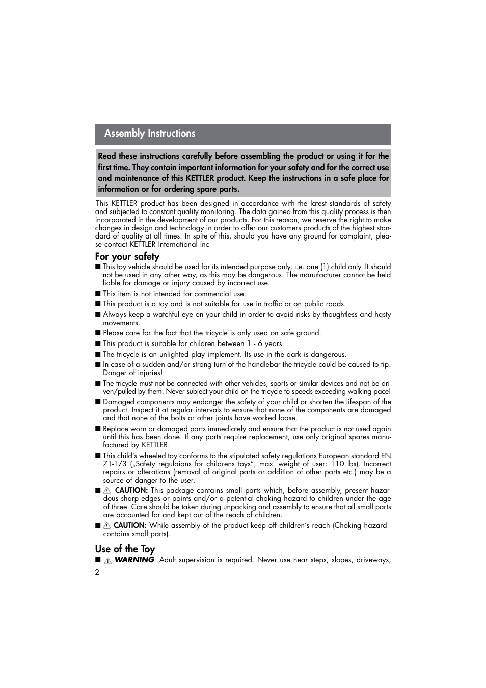 For your safety, Use of the toy, Assembly instructions | Kettler AJ 3130 User Manual | Page 2 / 12