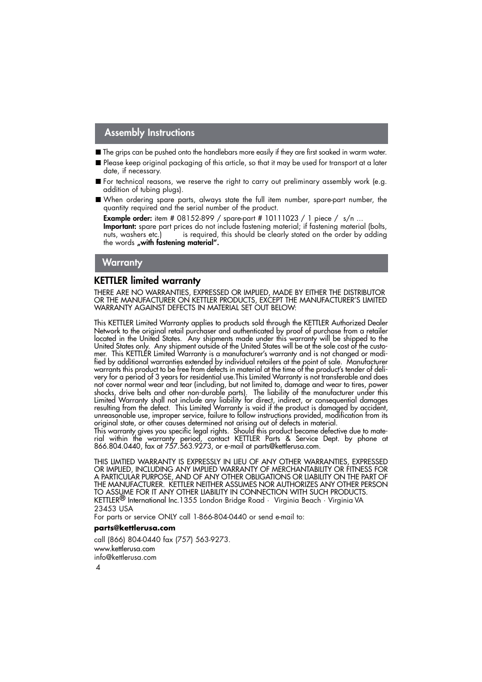 Warranty kettler limited warranty, Assembly instructions | Kettler AJ 3130 User Manual | Page 4 / 12