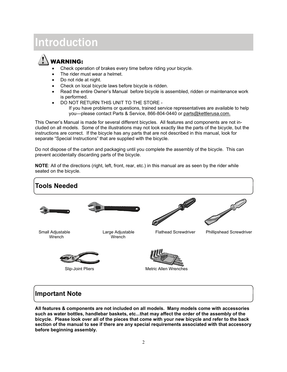 Introduction, Tools needed | Kettler KT902-189 User Manual | Page 2 / 29