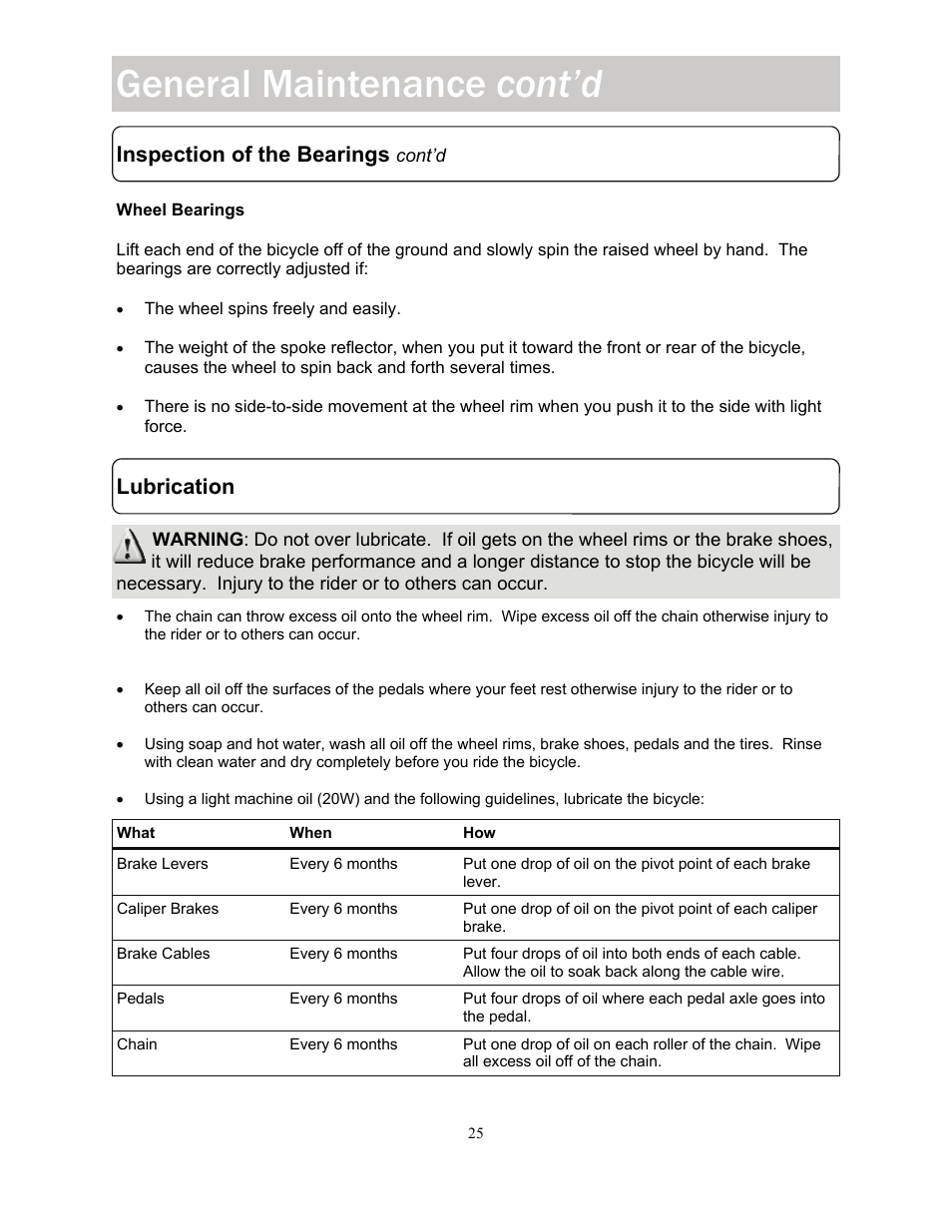 General maintenance cont’d, Inspection of the bearings, Lubrication | Kettler KT902-189 User Manual | Page 25 / 29