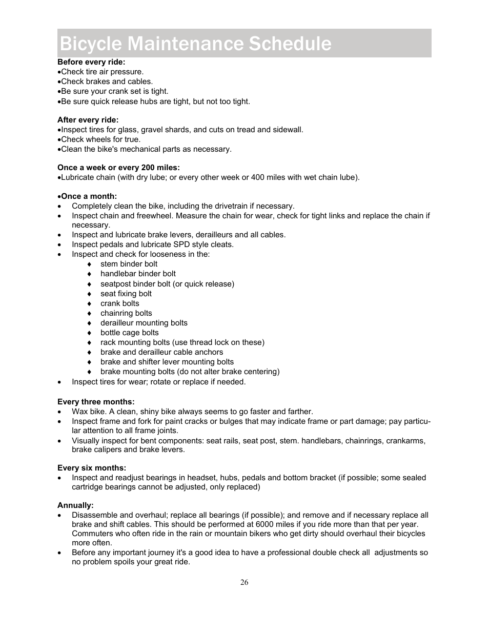 Bicycle maintenance schedule | Kettler KT902-189 User Manual | Page 26 / 29