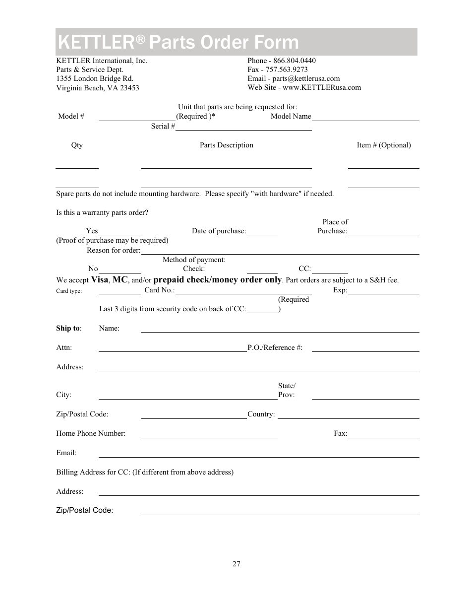 Kettler, Parts order form | Kettler KT902-189 User Manual | Page 27 / 29