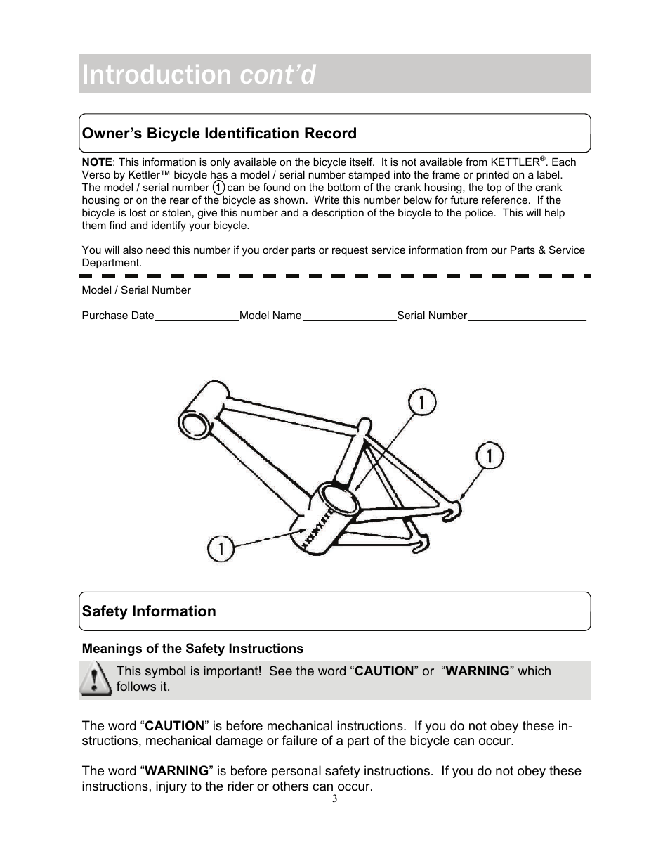 Introduction cont’d, Owner’s bicycle identification record, Safety information | Kettler KT902-189 User Manual | Page 3 / 29