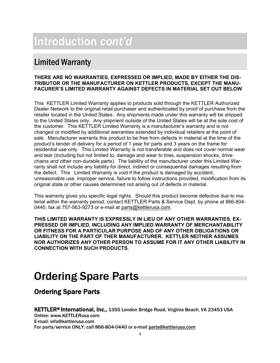 Introduction cont’d, Ordering spare parts, Limited warranty | Kettler KT902-189 User Manual | Page 4 / 29