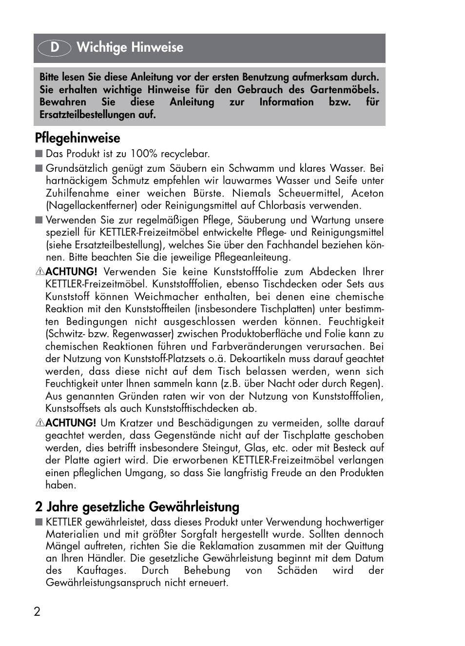 Dwichtige hinweise pflegehinweise, 2 jahre gesetzliche gewährleistung | Kettler TIFFANY 03772-000 User Manual | Page 2 / 32