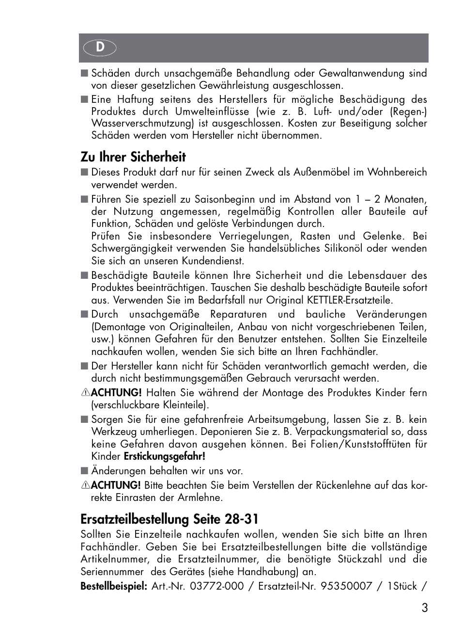 Zu ihrer sicherheit, Ersatzteilbestellung seite 28-31 | Kettler TIFFANY 03772-000 User Manual | Page 3 / 32