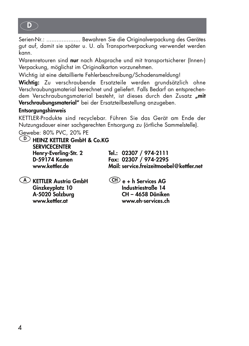 Kettler TIFFANY 03772-000 User Manual | Page 4 / 32