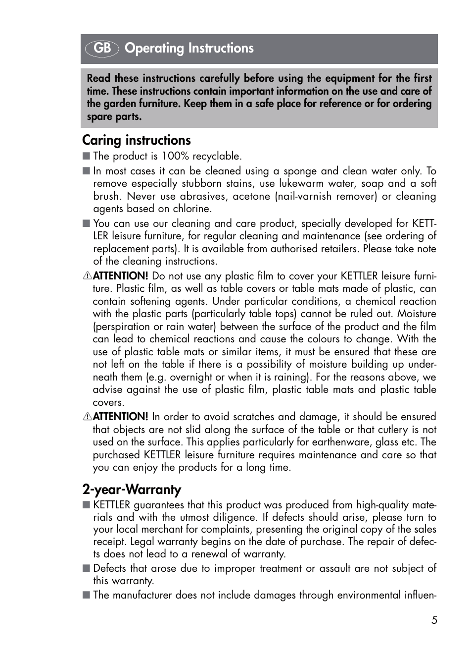 Caring instructions, Year-warranty, Gb operating instructions | Kettler TIFFANY 03772-000 User Manual | Page 5 / 32