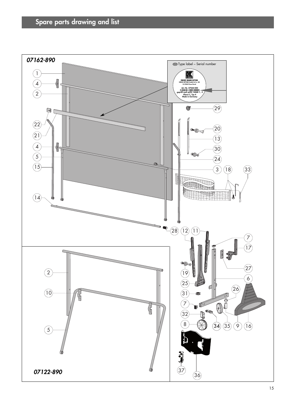 Spare parts drawing and list | Kettler 07122-890 User Manual | Page 15 / 16