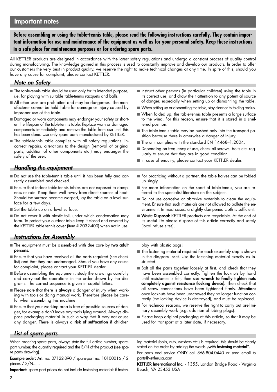 Handling the equipment, Instructions for assembly, List of spare parts | Kettler 07122-890 User Manual | Page 2 / 16