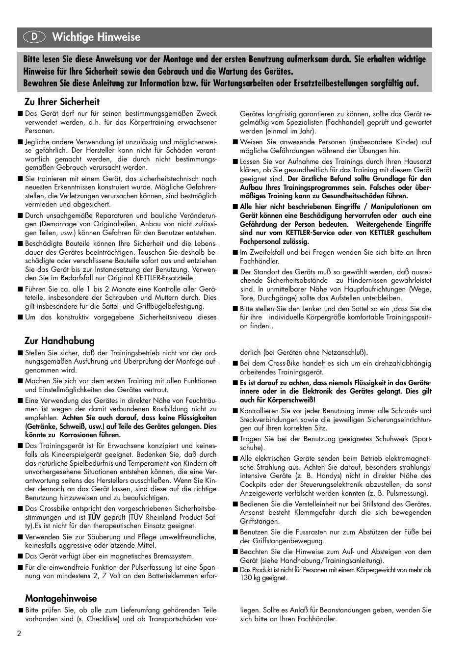 Wichtige hinweise, Montagehinweise, Zur handhabung | Zu ihrer sicherheit | Kettler 07956-500 User Manual | Page 2 / 28